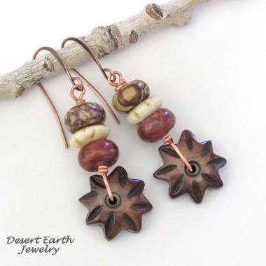Brown Carved Wood Flower Earrings with Jasper Stones and Carved Bone Beads - Earthy Boho Nature Jewelry