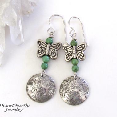 Sterling Silver & Turquoise Earrings with Butterfly Charms - Earthy Nature Gifts for Women & Teen Girls