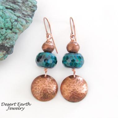 Hammered Copper Dangle Earrings with Faceted Blue Green Chrysocolla Stones