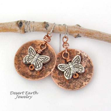 Round Copper Dangle Earrings with Silver Butterfly Charms - Earthy Nature Jewelry Gifts for Women & Teen Girls