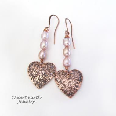 Copper Heart Dangle Earrings with Pink Pearls - Romantic Valentine's Day Jewelry Gifts 