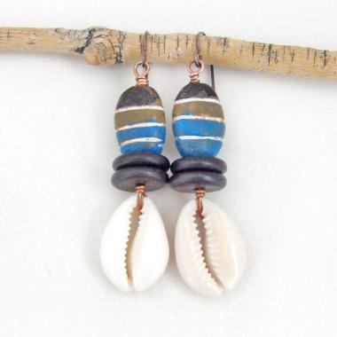 Cowrie Shell Earrings with Colorful Brown Blue Painted Wood Beads and Black Jasper Stones - Boho Tribal African Style Jewelry