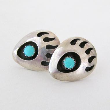 Small Sterling Silver & Turquoise Bear Claw Stud Earrings - Vintage Native Style Southwestern Jewelry