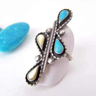 Big Bold Sterling Silver Ring with Turquoise and Mother of Pearl - Vintage Native Style Southwestern Jewelry