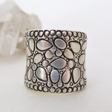 Textured Sterling Silver Wide Band Ring - Unique Modernist Style Jewelry