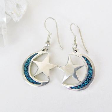 Sterling Silver Crescent Moon & Star Earrings with Inlaid Mosaic Turquoise - Celestial Jewelry