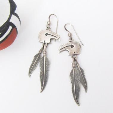 Sterling Silver Zuni Bear Earrings with Dangling Feathers - Vintage Southwestern Fetish Jewelry