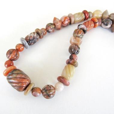 Carved Multi Stone Beaded Necklace with Beige Orange Brown Agate & Jasper Stones  