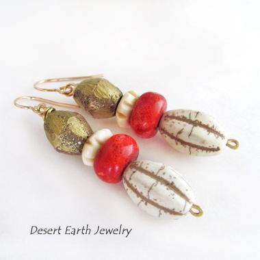 African Brass Tribal Earrings with Red Coral & Beige Magnesite Stones - Unique Boho Chic Tribal Jewelry