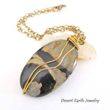 Wire Wrapped Picasso Jasper Pendant Necklace on Brass Chain - Earthy Natural Stone Jewelry