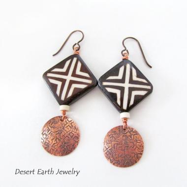 African Batik Bone Earrings with Hand Stamped Copper Dangles - Handmade Boho Hippie Tribal Jewelry