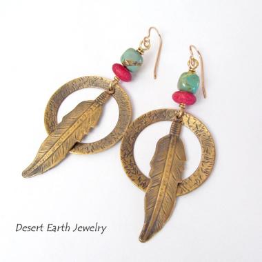 Long Brass Feather Hoop Earrings with Turquoise & Red Beads - Handmade Boho Southwest Jewelry