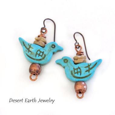 Blue Bird Earrings with Turquoise Magnesite & Copper Beads - Birdwatcher / Bird Lover Gifts