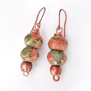 Unakite Stone Earrings with Copper Beads - Handmade Earthy Natural Stone Jewelry