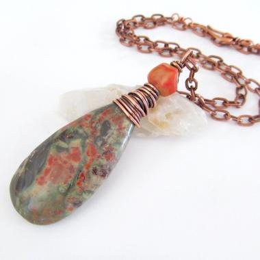 Rhyolite Jasper Pendant Necklace with Coral on Copper Chain - Earthy Wire Wrapped Stone Jewelry