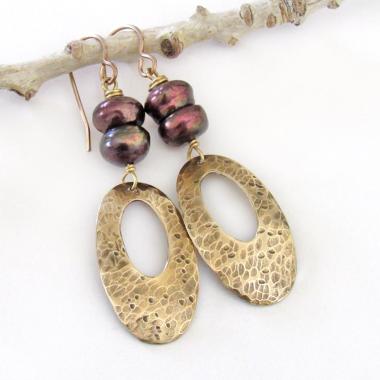 Hammered Gold Brass Oval Dangle Earrings with Bronze Pearls