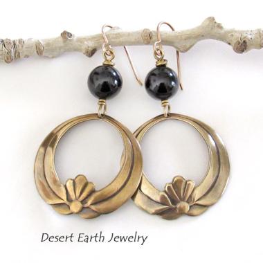 Gold Brass Lotus Dangle Earrings with Black Onyx Gemstones