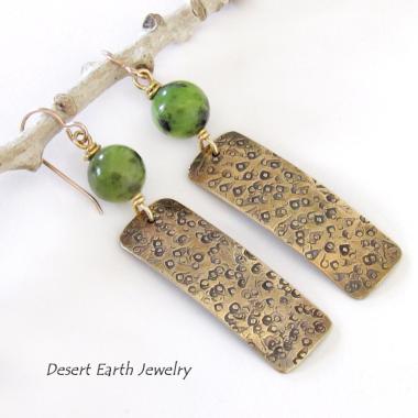 Hand Stamped Gold Brass Rectangle Earrings with Green Jade Gemstones - Artisan Handmade Metalwork Jewelry