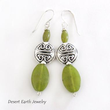 Green Serpentine Earrings with Pewter Beads on Sterling Silver Ear Wires - Artisan Handmade Stone Jewelry