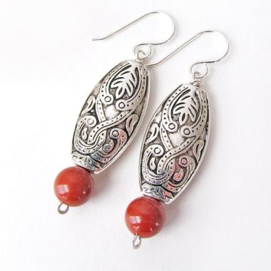 Moroccan Boho Silver Earrings with Red Jasper Gemstones - Ethnic Style Bohemian Jewelry