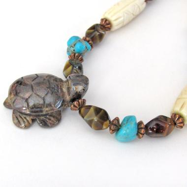 Tiger's Eye Turtle Necklace with Turquoise & Carved Bone - Multi Stone Beaded Statement Necklace