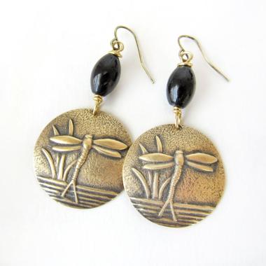 Gold Brass Dragonfly Earrings with Black Beads - Earthy Nature Jewelry Gifts