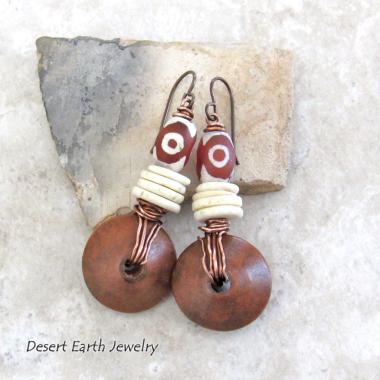 Etched Tibetan Agate Stone Earrings with Copper Wire Wrapped Brown Wood Dangles