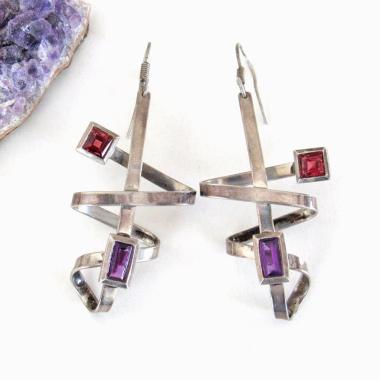 Abstract Sterling Silver Earrings with Purple & Ruby Colored Glass Cabochons - Vintage Avant Garde Jewelry