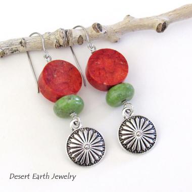 Silver Concho Dangle Earrings with Red Coral & Green Serpentine Stones - Colorful Boho Southwestern Jewelry