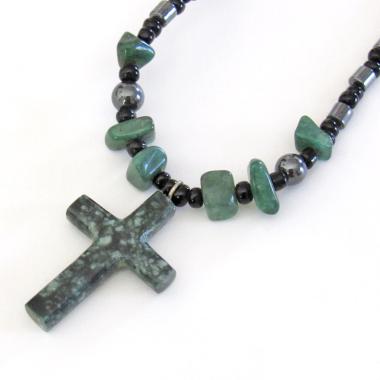 Cross Stone Necklace with Nephrite Jade, Green Jade, Black Onyx & Hematite Stones - Christian Gifts for Women