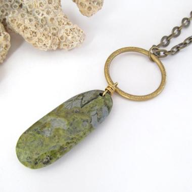 Brass Circle Pendant Necklace with Dangling Green Jasper Stone - Natural Earthy Jewelry