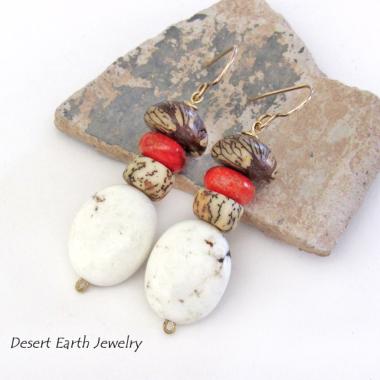 Boho Beaded Dangle Earrings with Red Coral, Magnesite Stones & Buri Nut Beads 