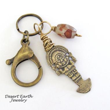 Tribal Goddess Antiqued Brass Key Chain with African Agate Bead Dangle - Purse / Backpack / Bag Charm