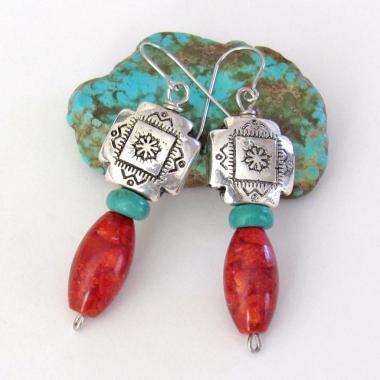 Southwest Silver Tribal Cross Earrings with Turquoise & Red Coral - Native Style Southwestern Jewelry