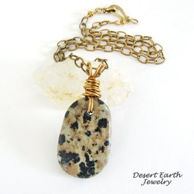 Dalmatian Jasper Stone Pendant with Brass Chain Necklace - Earthy Natural Wire Wrapped Stone Jewelry