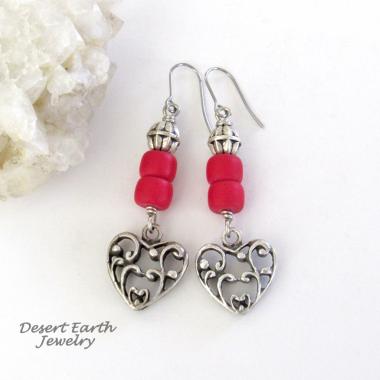 Silver Tone Pewter Filigree Heart Earrings with Red Glass Beads - Valentine's Day Jewelry