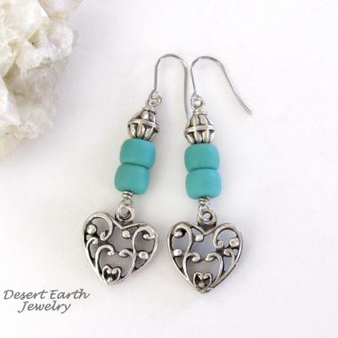 Silver Tone Pewter Filigree Heart Earrings with Turquoise Colored Beads - Romantic Jewelry Gift