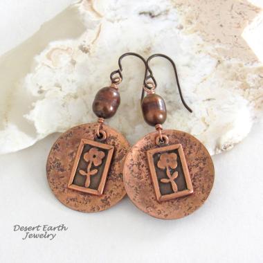 Copper Earrings with Flower Charms & Bronze Freshwater Pearls - Botanical Floral Nature Lover Jewelry Gift