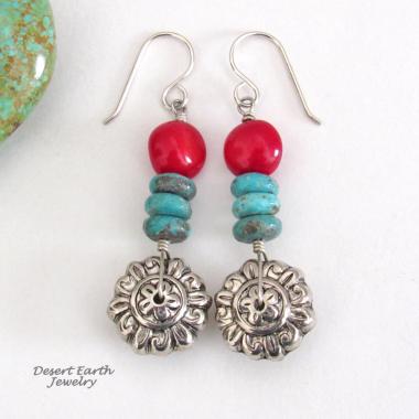 Turquoise & Red Coral Silver Tone Flower Earrings - Bright Colorful Boho Sundance Style Jewelry