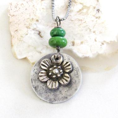 Silver Pewter Flower Pendant with Green Serpentine Gemstones - Unique Nature Jewelry Gifts for Women