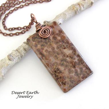 Brown Fossil Jasper Stone Pendant with Copper Chain Necklace - Earthy Natural Stone Jewelry