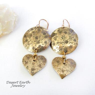 Gold Brass Earrings with Heart Dangles & Hand Stamped Texture - Romantic Jewelry Gifts for Women