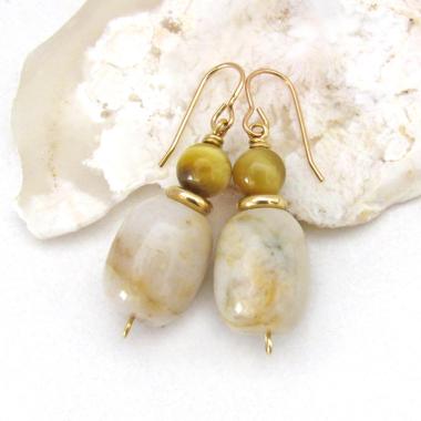 Golden Beige Agate Earrings with Golden Brown Tiger's Eye & Gold Brass Beads - Small Petite Dressy Elegant Gemstone Dangle