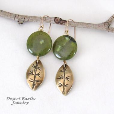 Gold Brass Leaf Dangle Earrings with Green Jade Gemstones - Earthy Nature Jewelry Gifts for Women