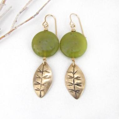 Gold Brass Leaf Dangle Earrings with Green Jade Gemstones - Earthy Nature Jewelry Gifts for Women