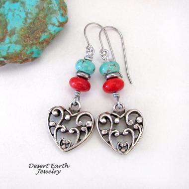 Pewter Heart Filigree Earrings with Turquoise and Red Coral - Sundance Southwest Style Jewelry - Valentine Jewelry Gifts for Women
