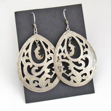 Vintage Guatemalan Peacock & Aztec Warrior Large Silver Filigree Earrings - Bold Cultural Ethnic Incan Mayan Jewelry