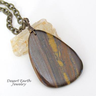 Large Tiger's Eye Stone Pendant on Antiqued Gold Brass Chain - Handmade Earthy Natural Stone Jewelry