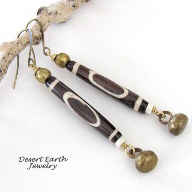 Long African Batik Bone Bead Earrings with Brass Bell Dangles - Handmade Ethnic Boho Tribal Jewelry