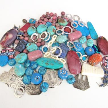 Jewelry Making Bead Lot of Mixed Gemstones, Beads, Metal Components, Southwest Conchos in Turquoise, Blue and Pink Hues